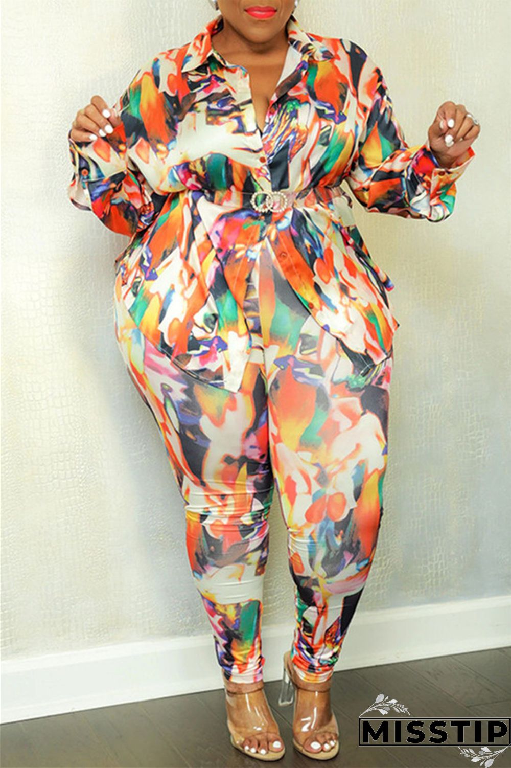 Orange Yellow Casual Print Patchwork Turndown Collar Plus Size Two Pieces