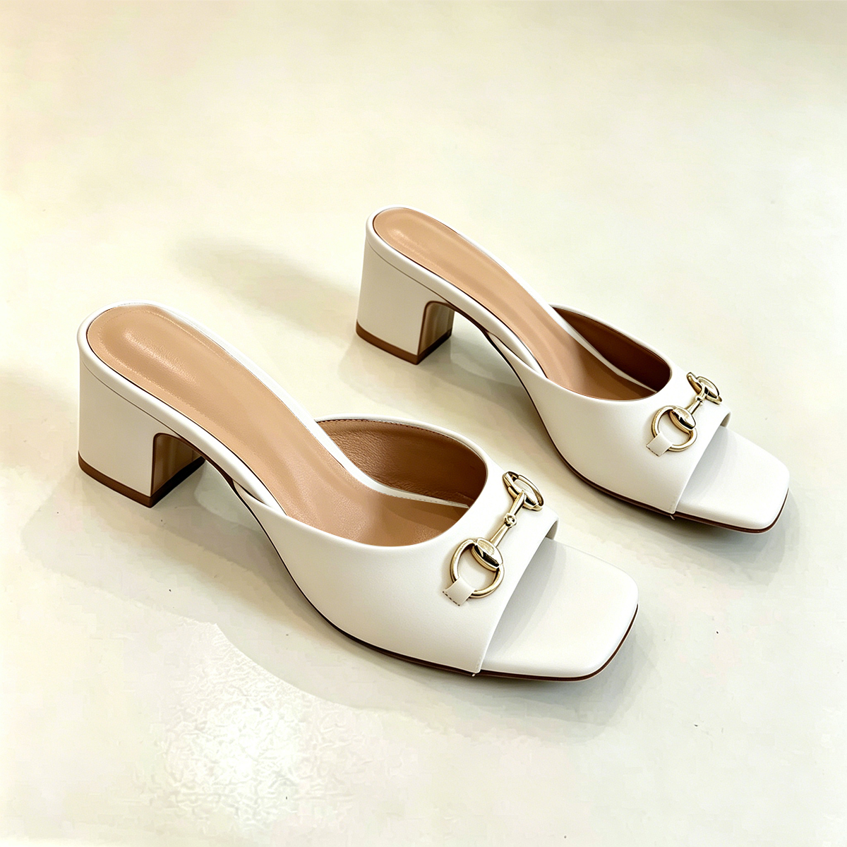 50mm Women's Chunky Mid-Heel Mules Apricot Bottom Sandals-MERUMOTE
