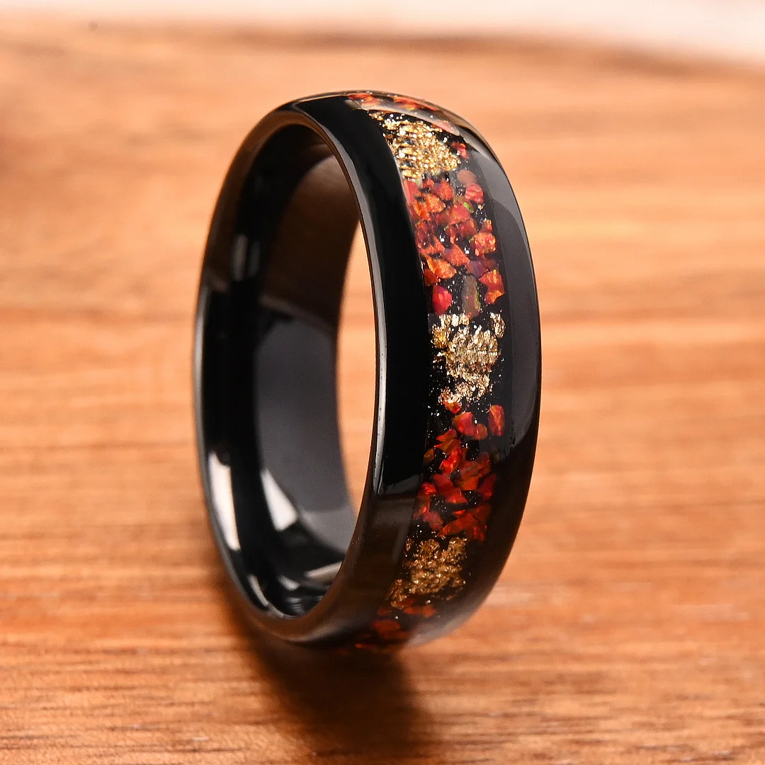 8MM Electroplated Black Tungsten Carbide Rings with Red Opal Foil Wedding Bands For Women and Men