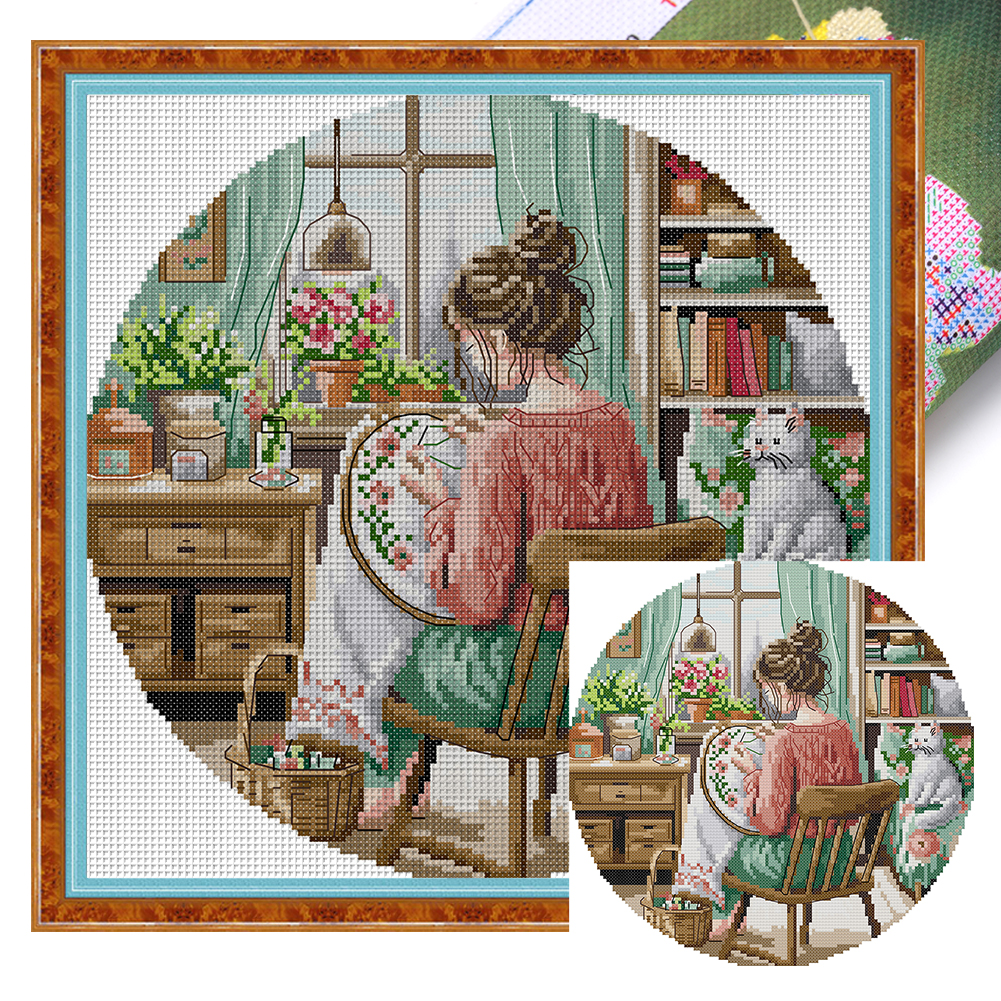 Embroidered girl Partial 14CT Pre-stamped Canvas(31*31cm) Cross Stitch(backstitch)