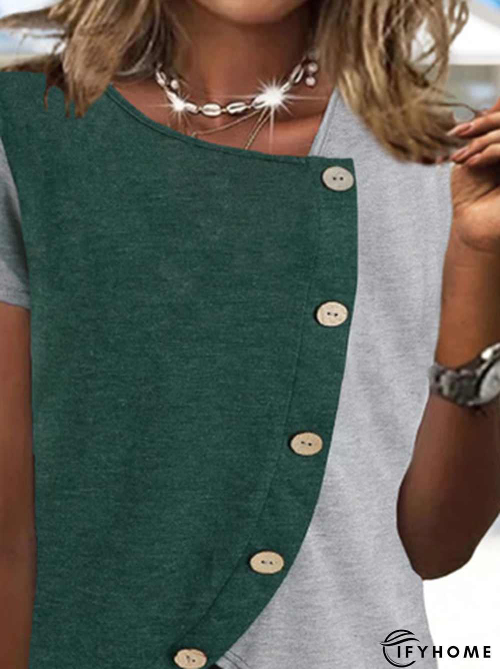 Color Block Short Sleeve Buckle Asymmetrical Neck Casual T-Shirt | IFYHOME