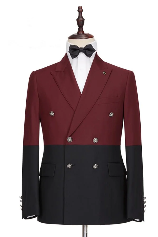 Fashion Burgundy And Black Peaked Lapel Party Prom Suit For Men With Double Breasted Gentle