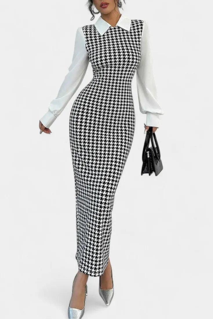 Structured Houndstooth Maxi Dress with Collar and Puff Sleeves