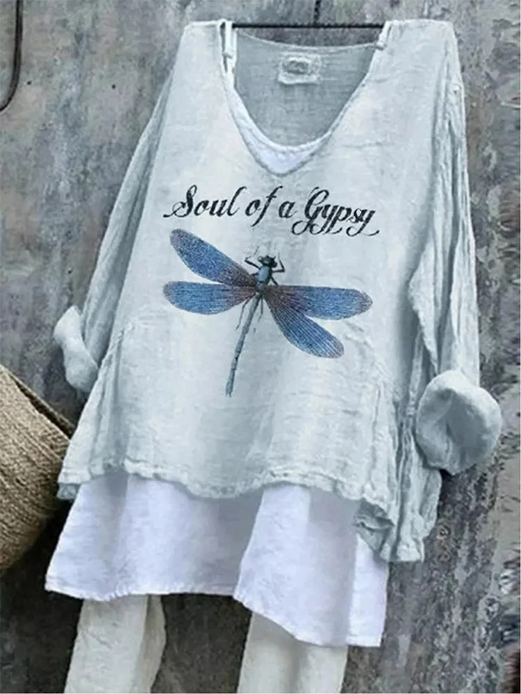 LONG SLEEVE ANIMAL COTTON-BLEND V NECK TOPS