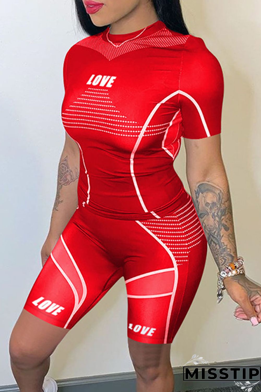 Black Casual Sportswear Print Patchwork O Neck Short Sleeve Two Pieces