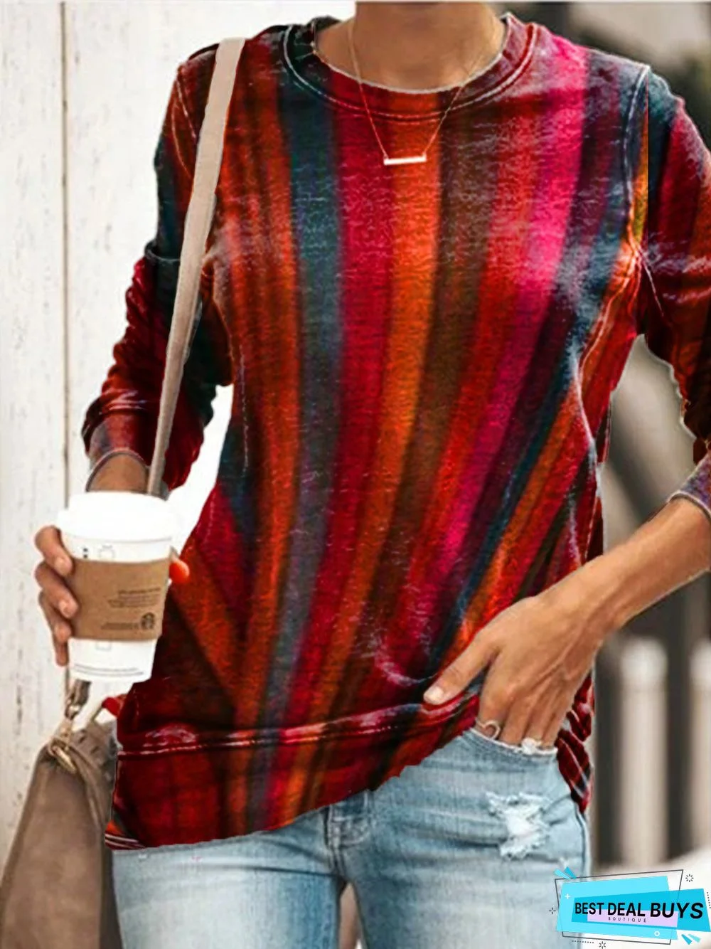 Casual Stripes Long Sleeve Crew Neck Tunic Sweatshirt