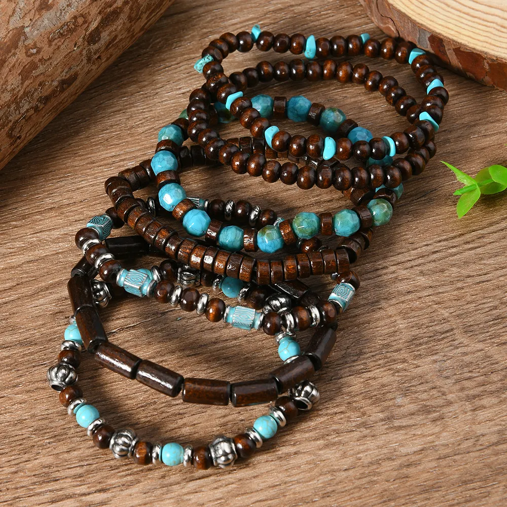 Men's Vintage Turquoise Stone Multi-layered Wood Bead Bracelet-INSPIREUSE