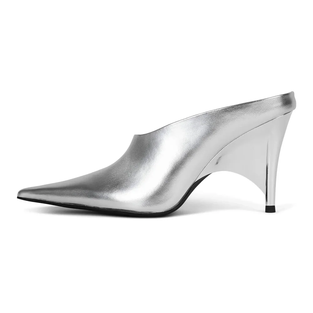 Metallic Finish Pointed Toe Simple High Heel Mules in Silver