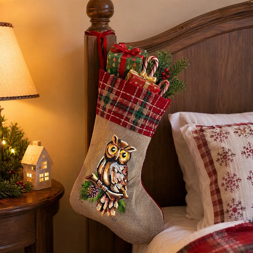 DIY Diamond Painting Christmas Stockings Hanging Ornaments Large Capacity Xmas Socks Pendant Wear Resist Candy Gift Storage Bags for Family Christmas Holiday Party Decoration (Owl)