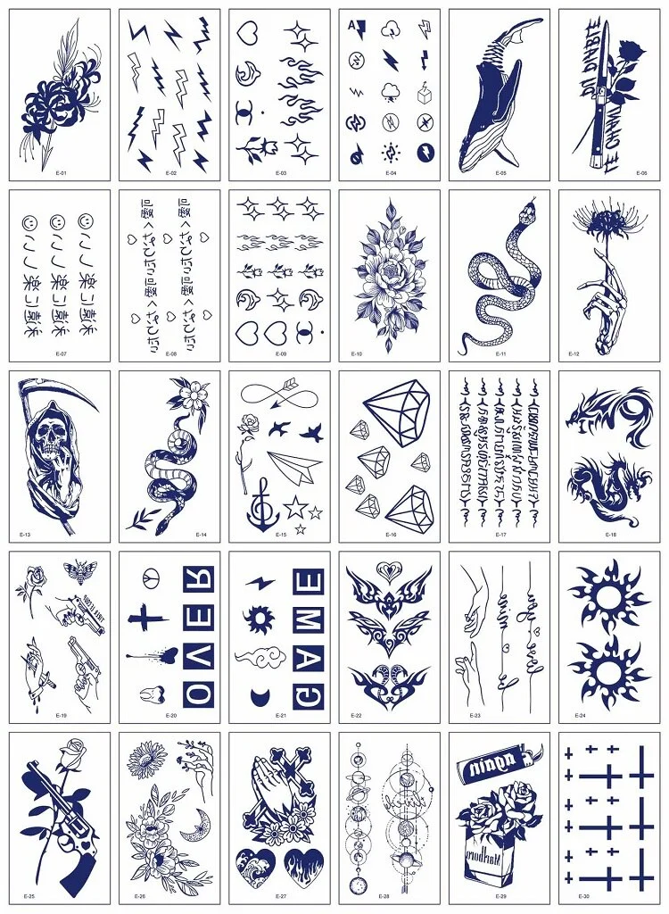 30Pcs/Set No Repeat Temporary Juice Tattoo Stickers Waterproof Disposable Butterfly Words Totem tatouage temporaire Blue Color
