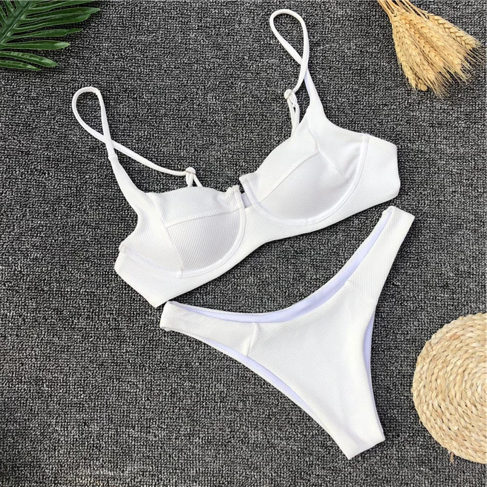 2020 Underwired Bikini Women V Neck Swimwear Female Dot Swimsuit High Cut  Bikini set Ribbed Bather Bathing Suit Swim Wear 5305