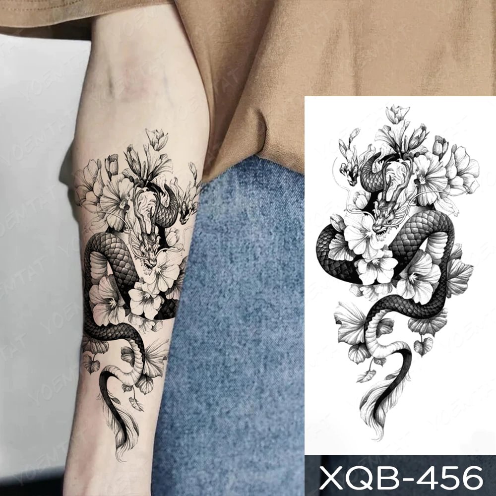 Gingf Temporary Tattoo Sticker Black Flying Dragon Snake Peony Rose Flower Flash Tatto Women Men Arm Body Art Fake Tattoos