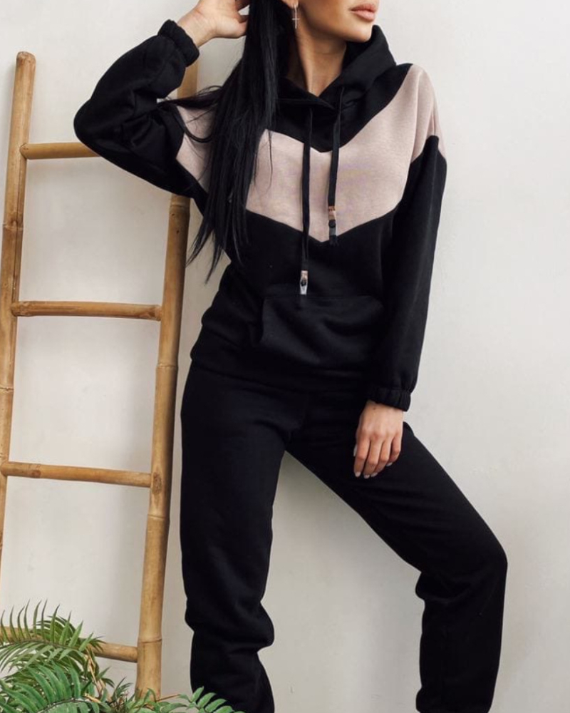 Rotimia Casual Color Block Hooded Sweatshirt Set