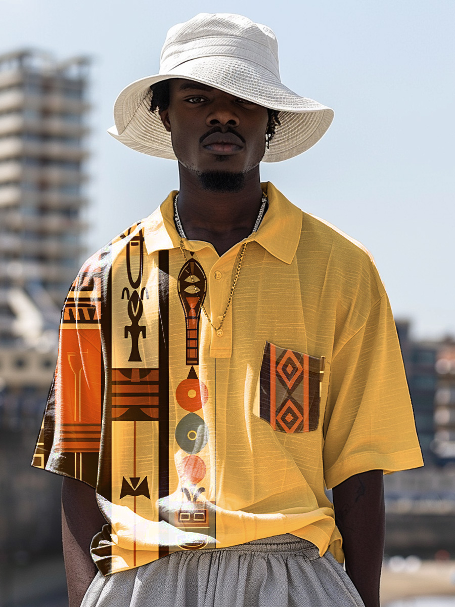 Vintage African Art Abstract Pattern Vintage Print Casual Cotton And Linen Polo