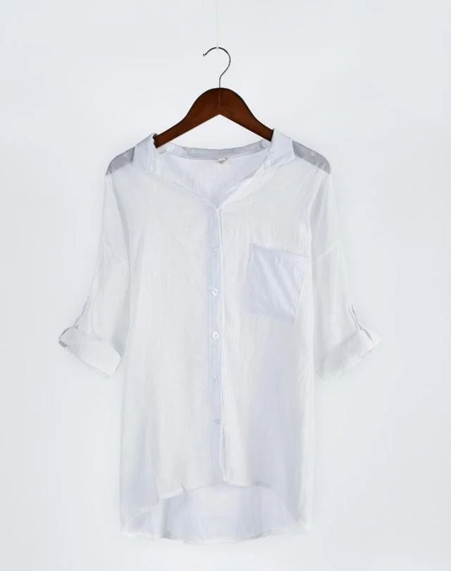 Brownm Fresh Loose Cotton Linen Three-quarter Temperament Commute Sleeve Collar Women's Shirt