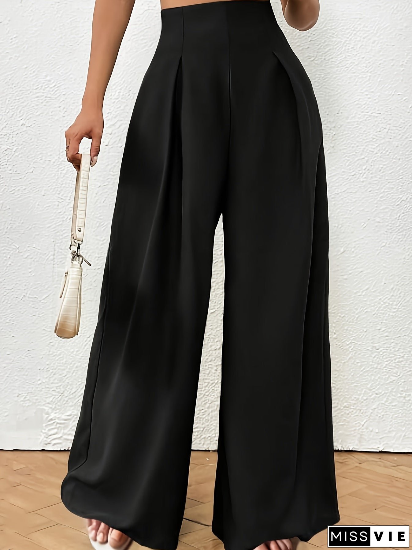 Plus Size Solid Pleated Wide Leg Pants, Casual High Waist Pants, Women's Plus Size Clothing