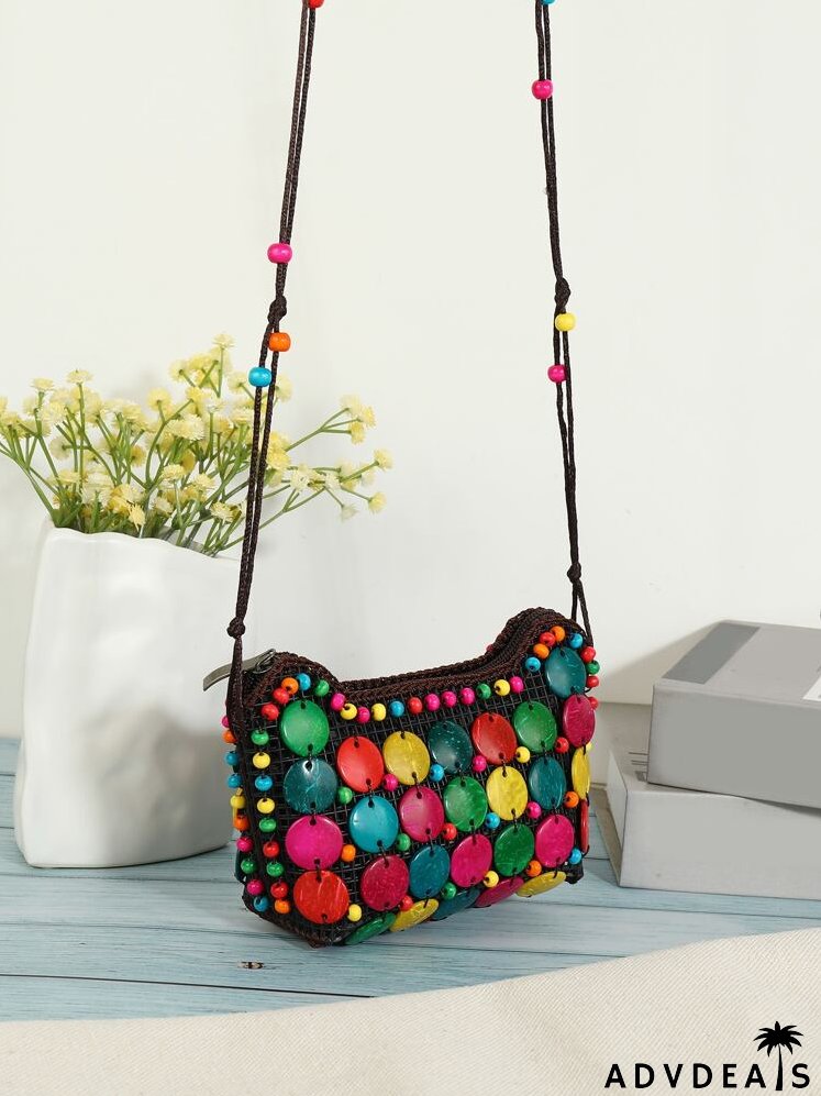 Beaded Detail Coconut Shell Colorblock Square Bag