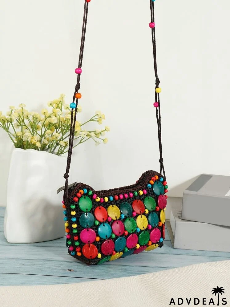 Beaded Detail Coconut Shell Colorblock Square Bag