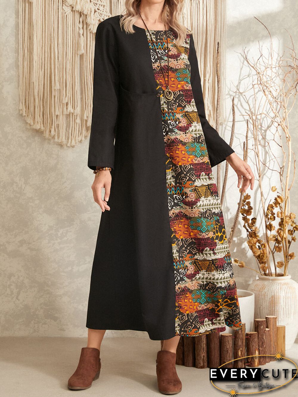 Tribal Pattern Long Sleeve O-neck Pocket Maxi Dress