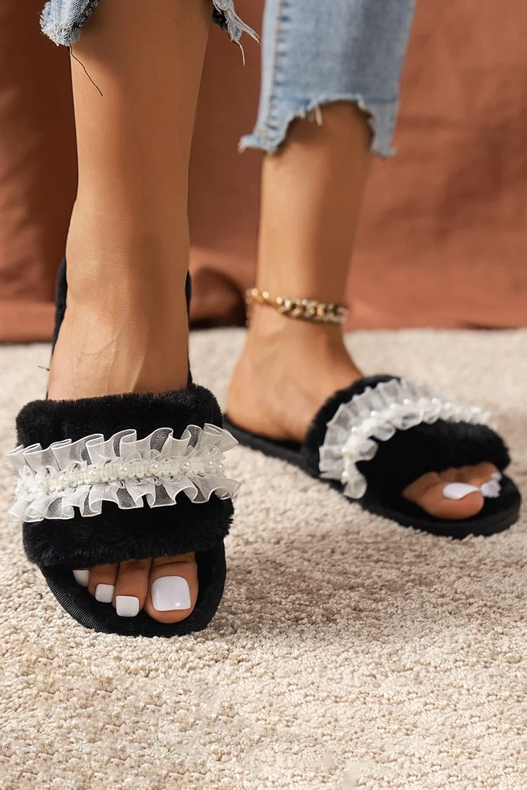 Pearl Decor Pleated Tulle Open Toe Fluffy Slippers