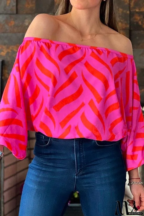 Off Shoulder Lantern Sleeve Printed Loose Pullovers