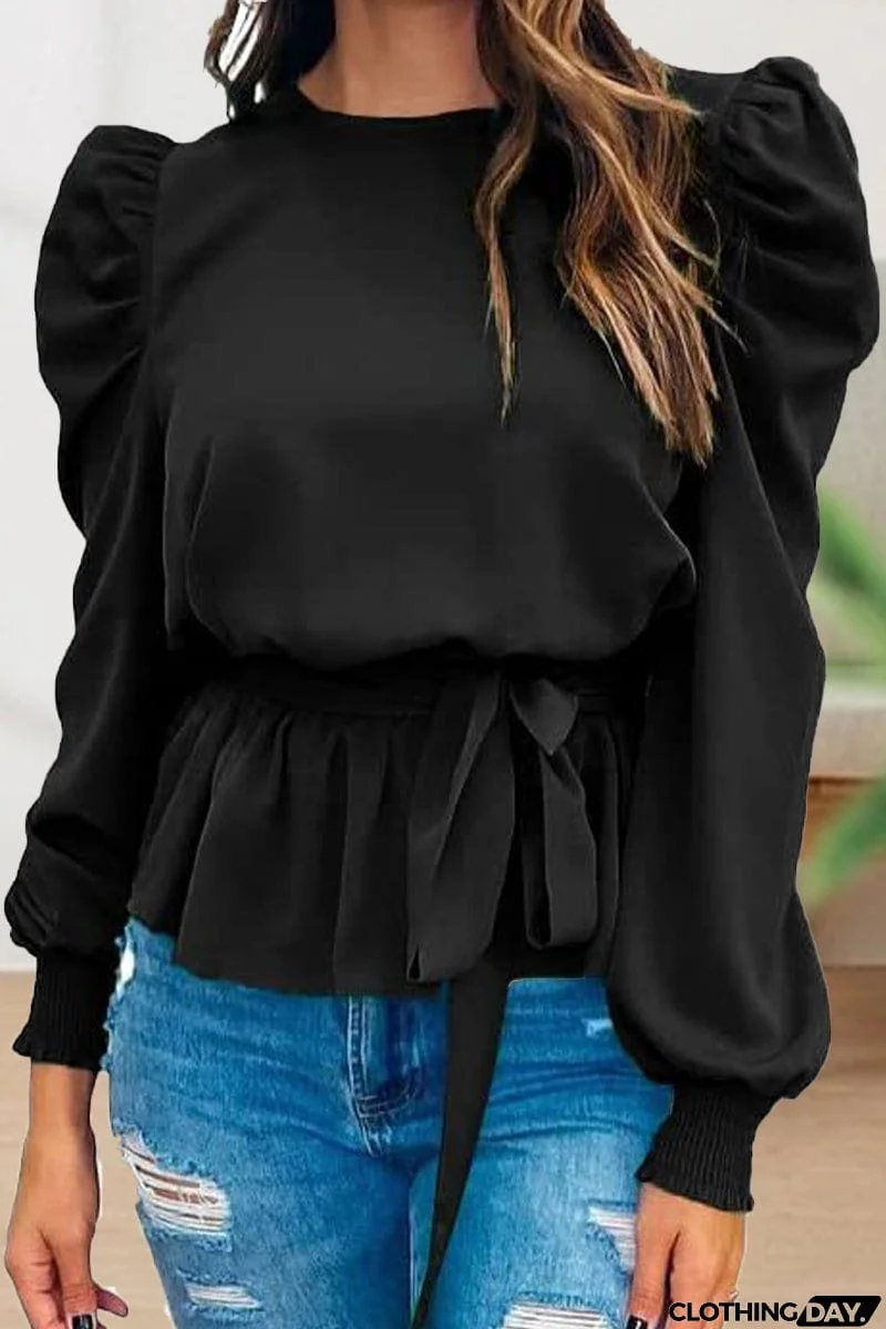 Casual Lace Frenulum Solid Color O Neck Tops(6 Colors)