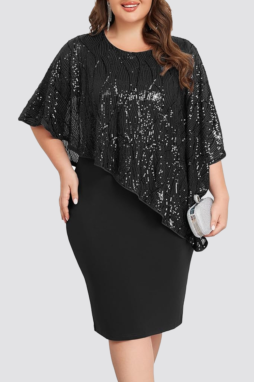 Plus Size Wedding Guest Burgundy Sequin Cape Sleeve Layered Bodycon Midi Dress 2024 - Flycurvy 