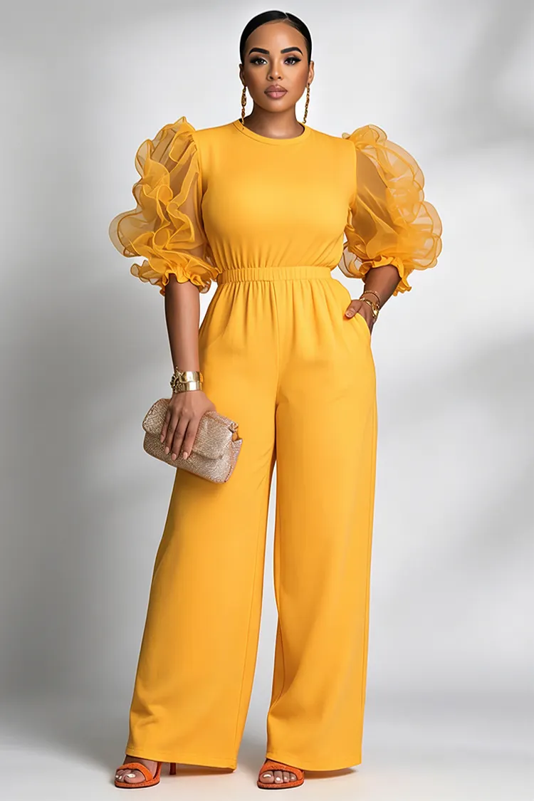Xpluswear Design Plus Size Business Casual Yellow Round Neck Puff Sleeve Short Sleeve Pocket See Through Jumpsuits [Pre-Order] 2024 - Xpluswear