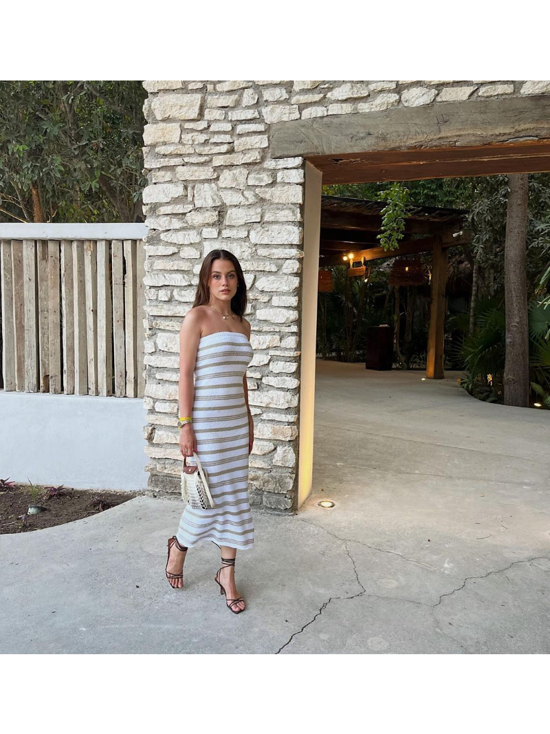 Ootddress Backless Contrast For Women Dress Slim Holiday Beach Striped High Waist Off-Shoulder Maxi Dress Skinny Casual Long Dress