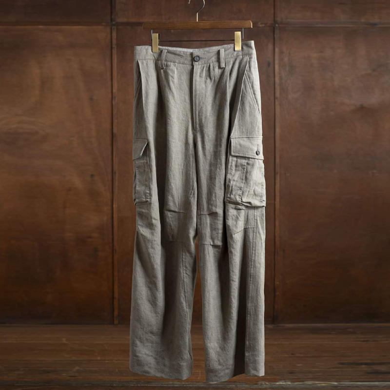 Men's Vintage Loose Fit Linen Blend Khaki Grey Cargo Pants 