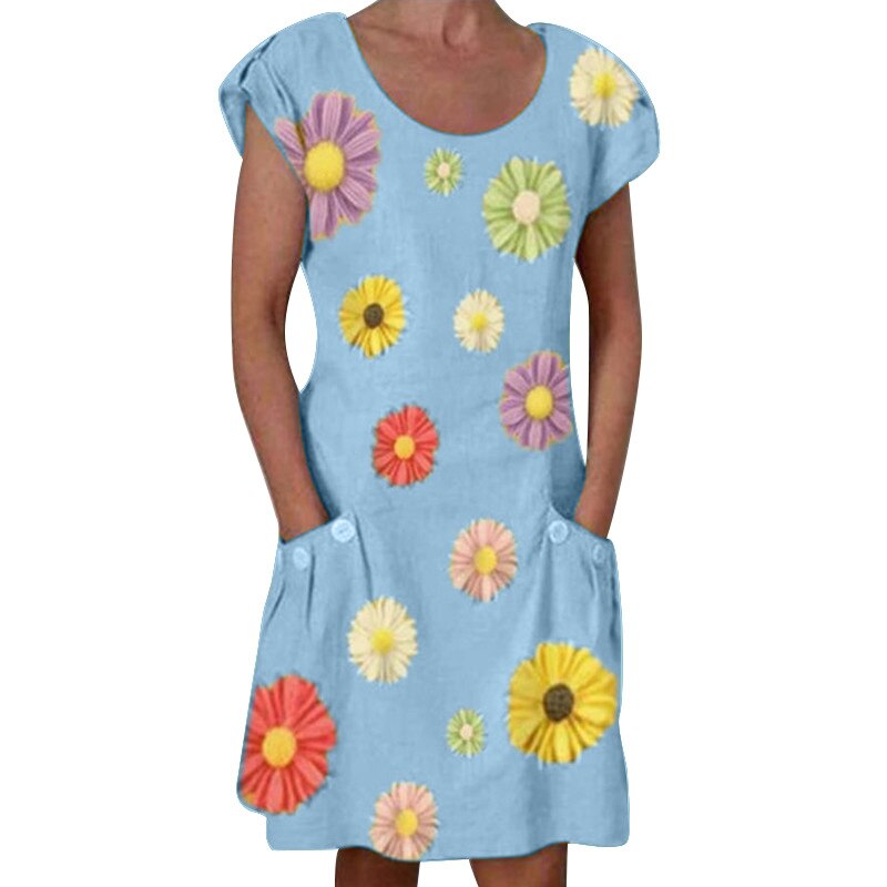 New Vintage Floral Print Dress Summer Short Sleeve Pockets Slim Women's Dress Casual Streetwear Beach Ladies Party Midi Dresses