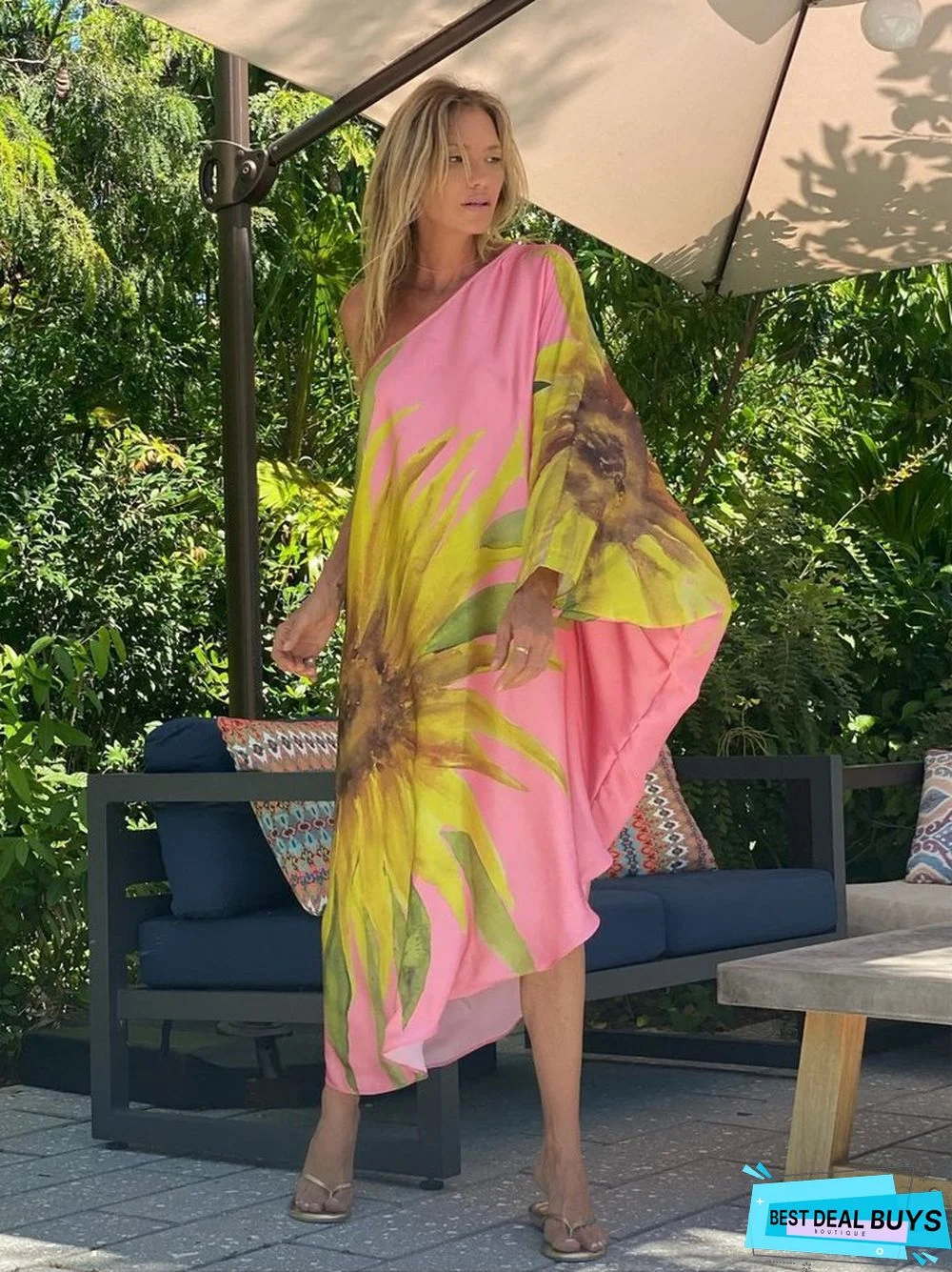 Loose Print Shoulder Beach Holiday Sunscreen Dress Europe and America Commuting Irregular Dress