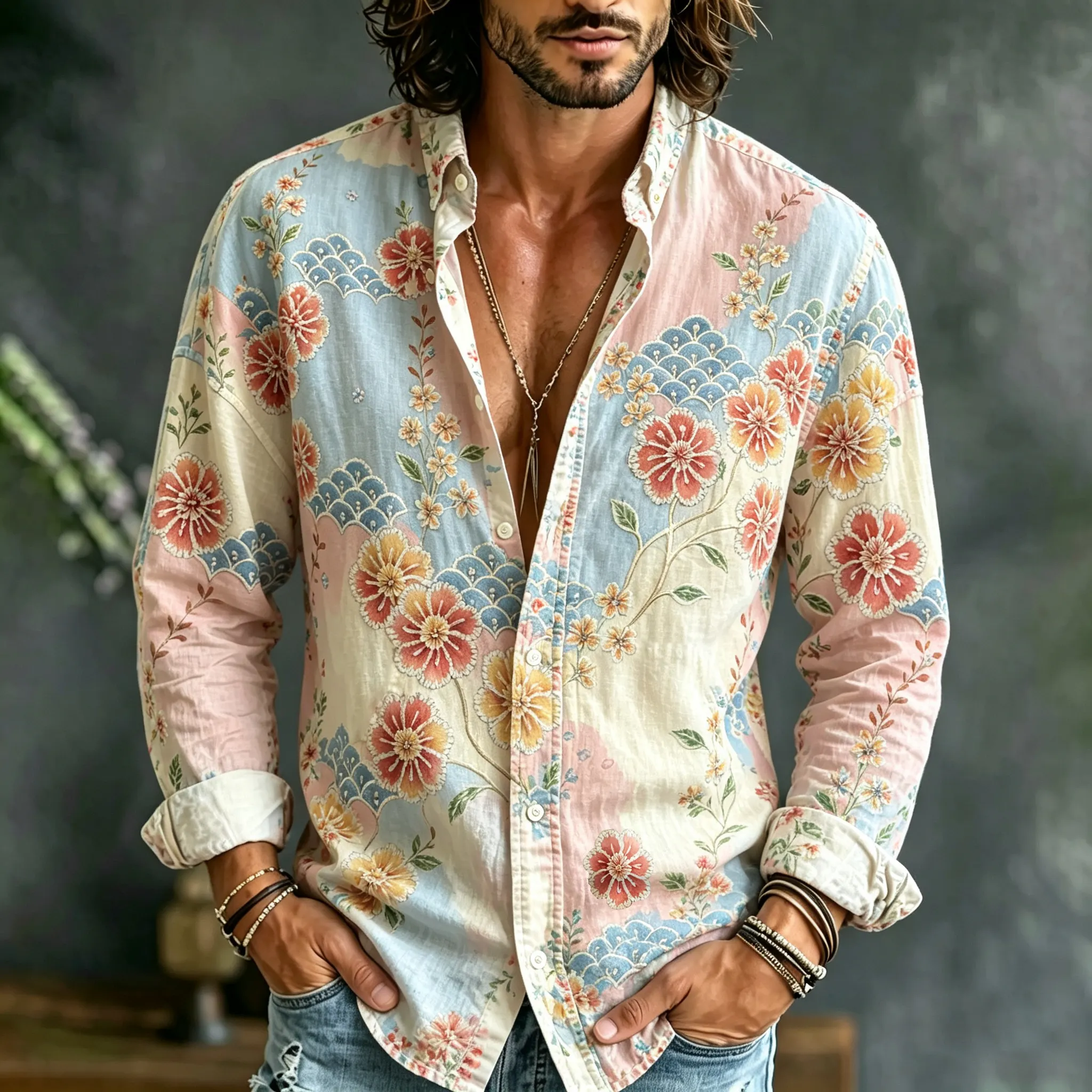 Men's Retro Resort Color Block Floral Print Cotton Linen Long-sleeved Shirt  artssus