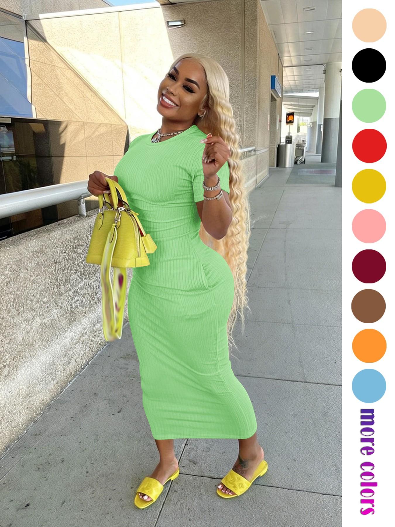Threaded Elastic Solid Color Bodycon Dress, Breathable Elastic Party Outing Travel Pocket Long Dress, Summer Dress, Everyday Casual Wear, Womenswear