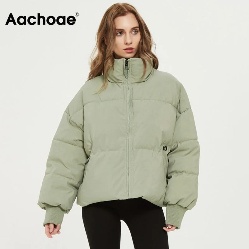 Aachoae Autumn Winter Women Fashion Thick Warm Padded Parkas Coats Female Long Sleeve Pockets Coat Chic Elegant Outerwear Tops