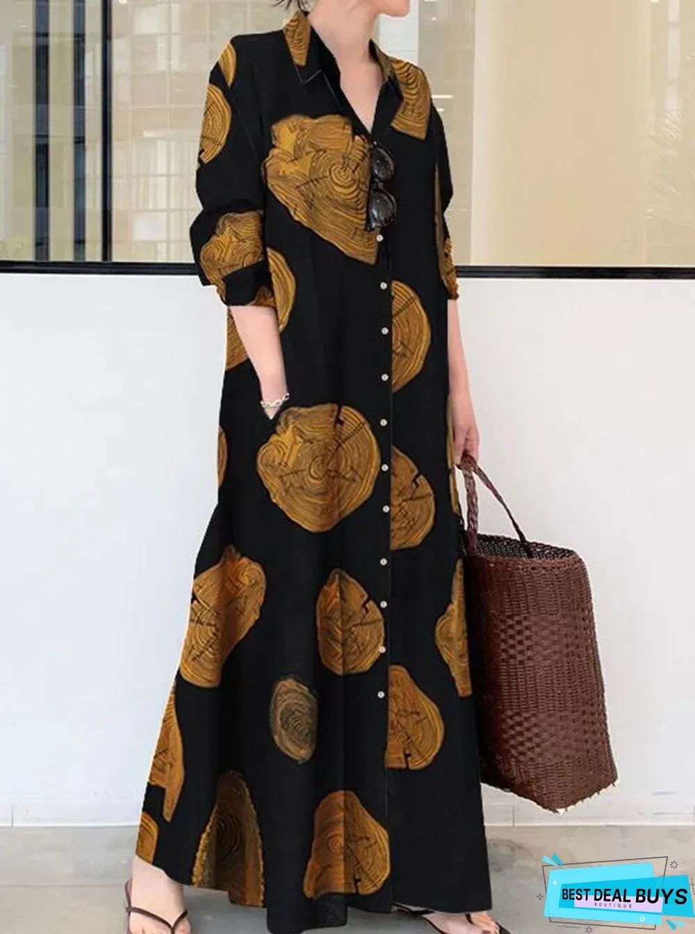 Fashion Print Lapel Long Sleeve Casual Maxi Dress Black Dresses