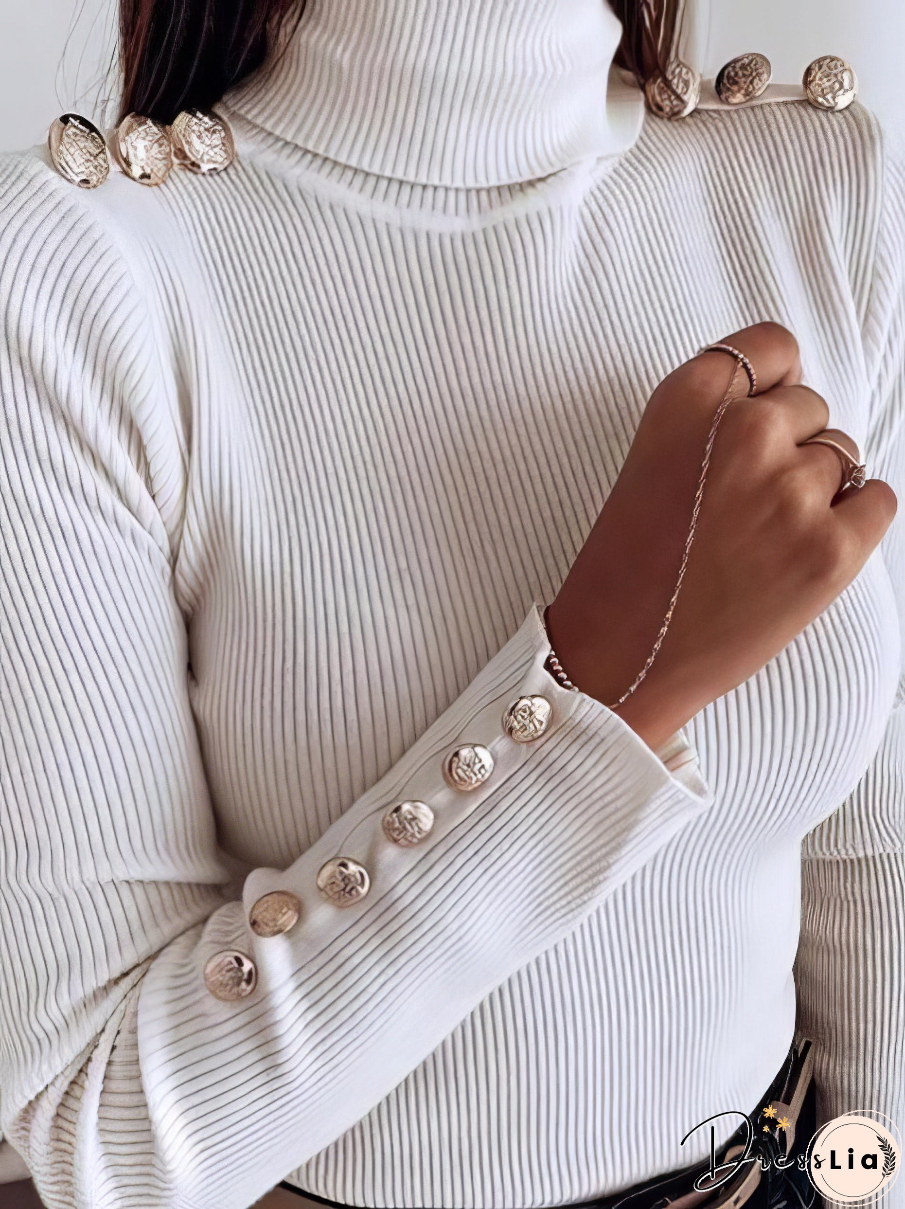 Solid Turtleneck Button Long Sleeve Sweater