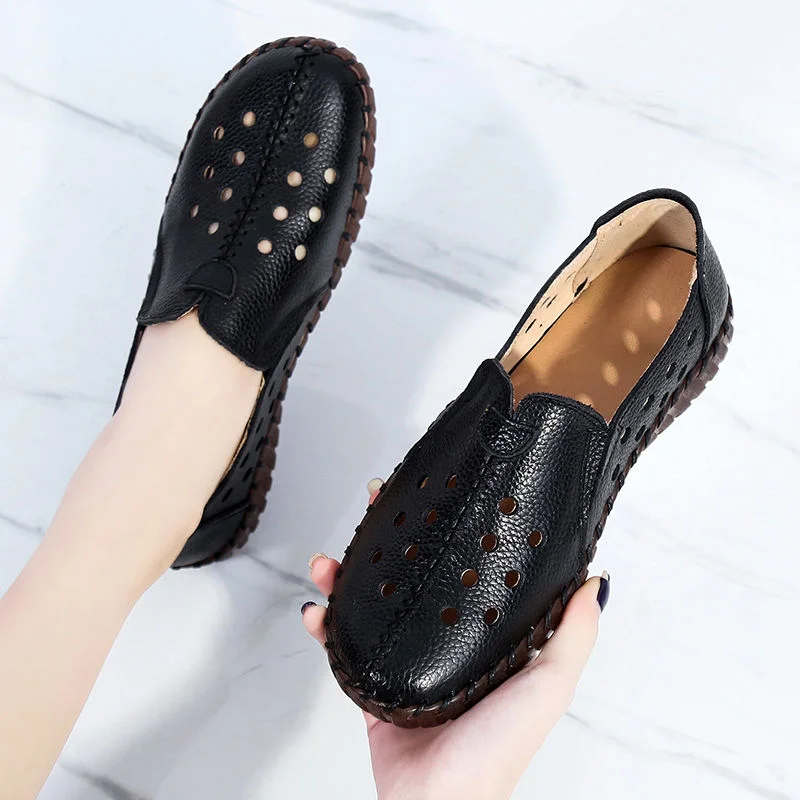GKTINOO 2021 Summer Genuine Leather Vintage Loafers Shoes Women Lazy Slip-On Handmade Leather Breathable Hollow Soft Shoes Woman