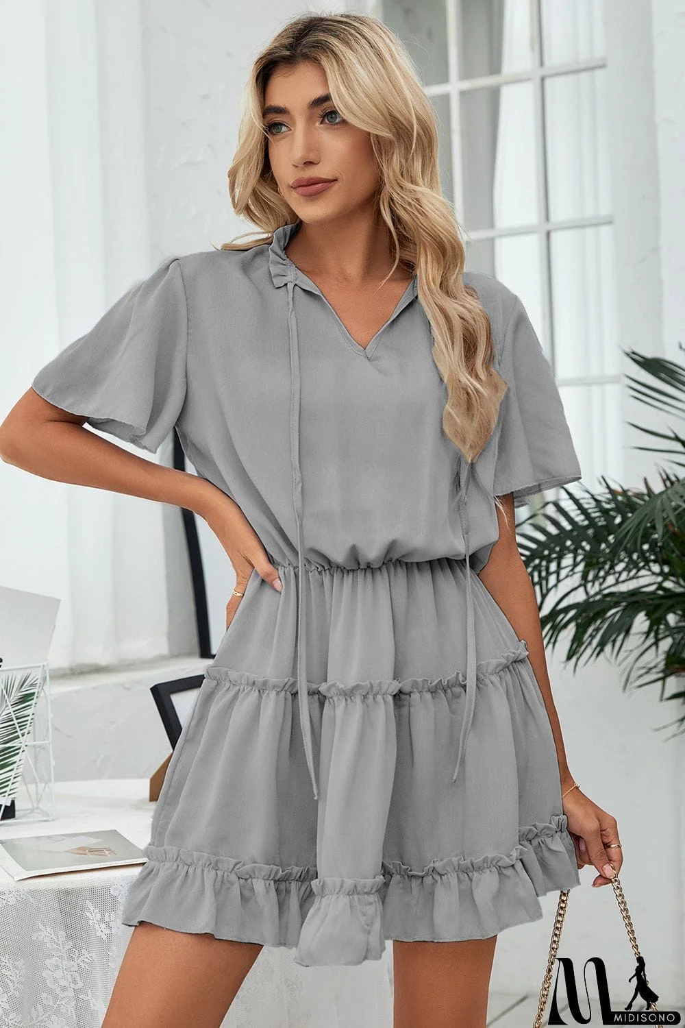 MidiSono - Tie Neck Frill Trim Short Sleeve Mini Dress