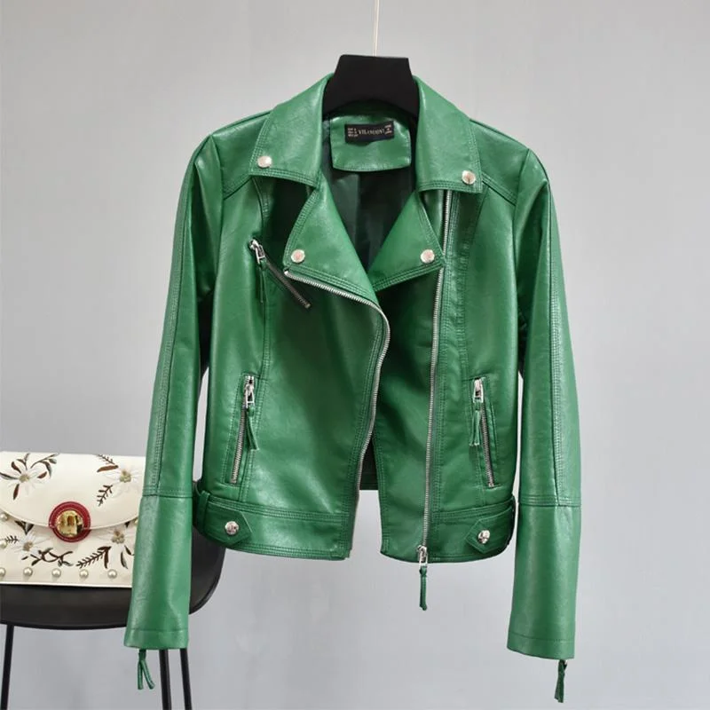 FTLZZ Women Autumn Pu Faux Soft Leather Motorcycle Zipper Jacket Coat Female Turndown Collar Slim Biker Coats Basic Streetwear