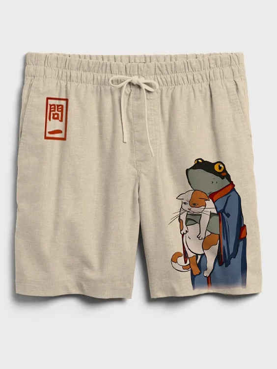 Men's Japanese Art Kimono Frog Cat Print Casual Shorts