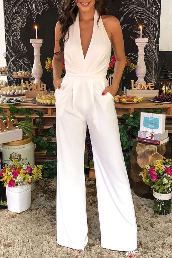 Lussooy White Halter Elegant V-Neck Wide-Leg Long Jumpsuit  