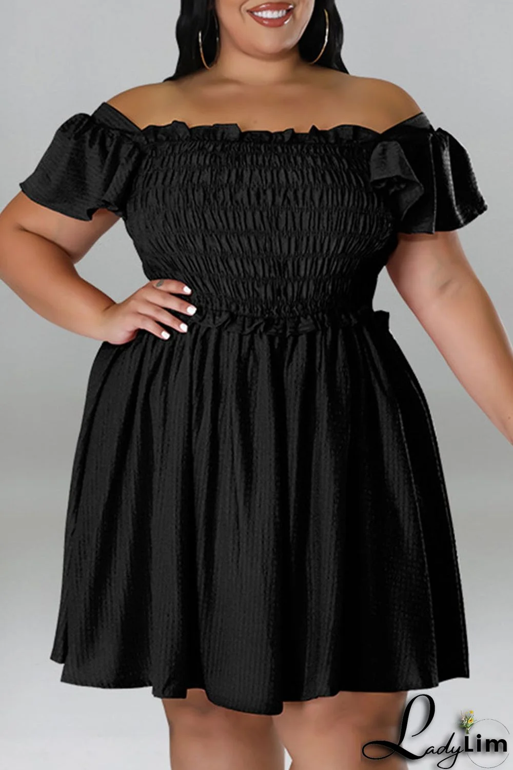 Black Casual Sweet Solid Patchwork Fold Off the Shoulder A Line Plus Size Dresses