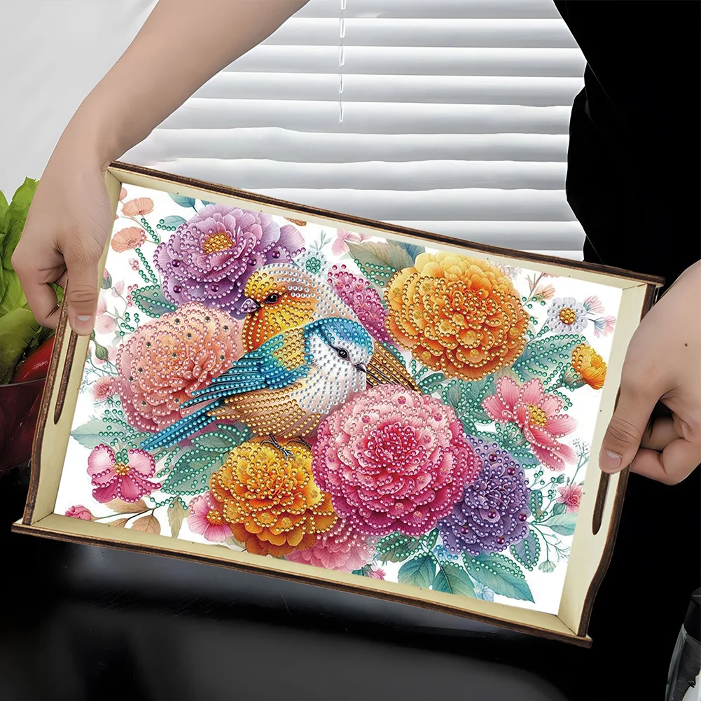 5D DIY Flower-Bird Diamond Painting Serving Tray with Handle for Coffee Table