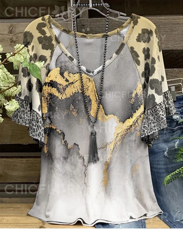 Women's Watercolor Abstract Leopard Print Loose Top