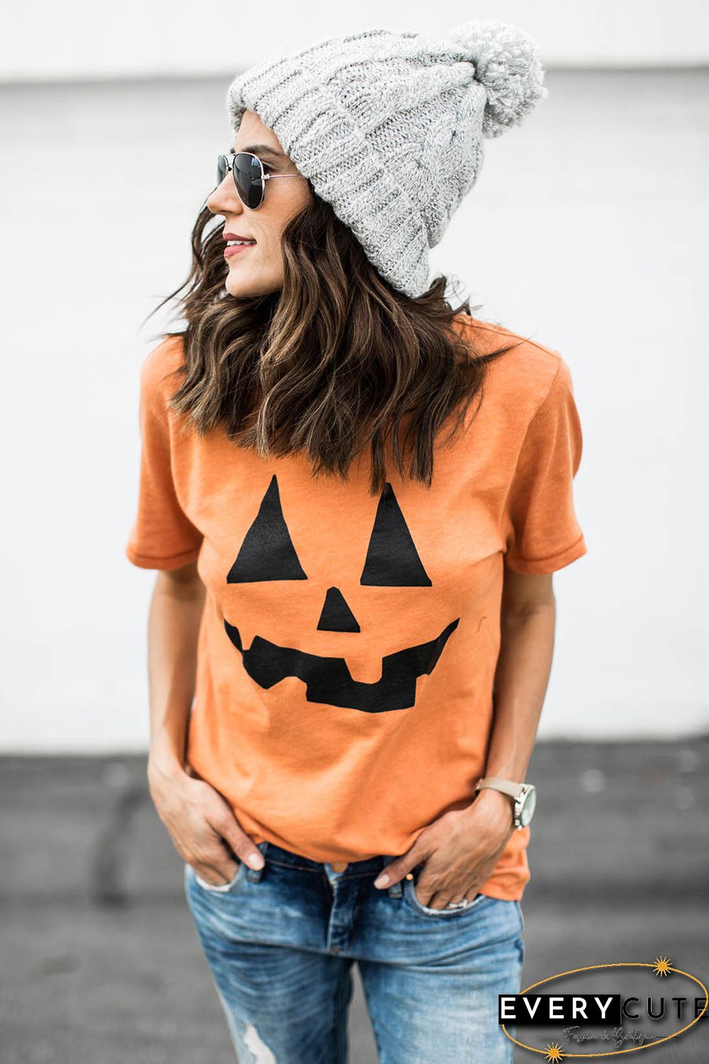 Round Neck Short Sleeve Pumpkin Pattern Orange T-shirt