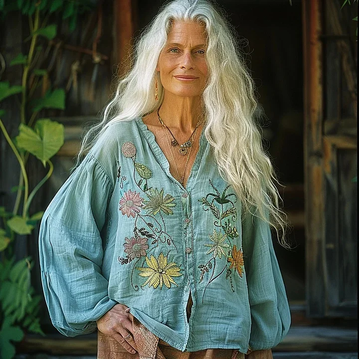 Vintage Bohemian Style Linen Floral Art Print Long Sleeve Loose  Shirt