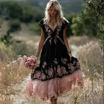 Boho Pink Floral Embroidered Lace Trim Flowy Linen Maxi Dress - Image 4