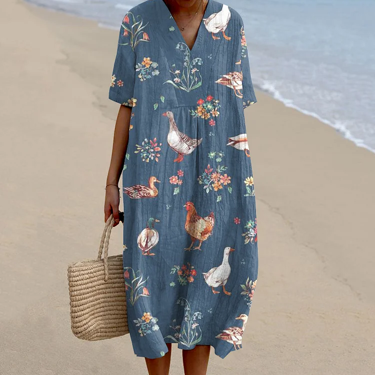 Farm Animal Print V Neck Midi Dress