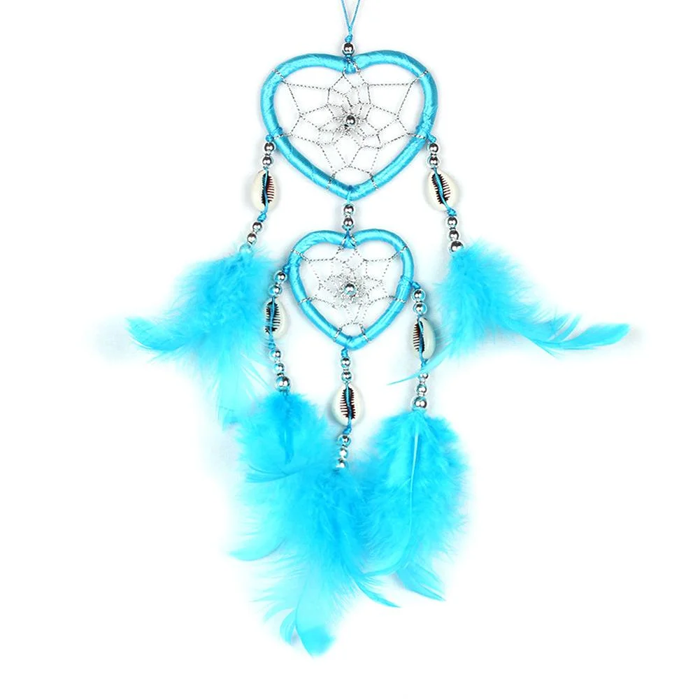 2 Circle Heart Shape Handmade Dream Catcher with Feathers Decor Craft Blue